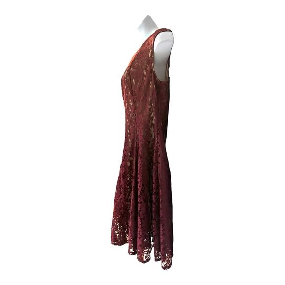 ⭐️Gabby Skye Lace Maroon Fit & Flare Sleeveless Illusion Overlay Party Dress - Picture 6 of 15